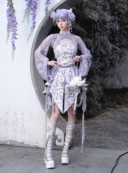 Agarwood Series Dragon Pattern Chinese Style Purple Lace Crystal Beads Kawaii Fashion Lantern Sleeves Cardigan