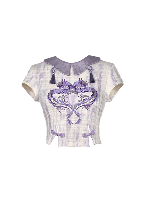 Agarwood Series Dragon Pattern Chinese Style Kawaii Fashion Purple Printed Stretch Dragon Knit Short Sleeve T Shirt