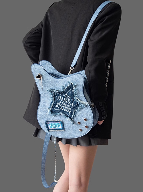 Denim Blue Unique Bass Shape Five Pointed Star Tassel Letter Decoration Kawaii Fashion Shoulder Crossbody Bag