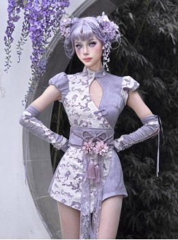 Agarwood Series Purple Dragon Jacquard New Chinese Style Kawaii Fashion Chest Hollow Sexy Cute Cheongsam Jumpsuit