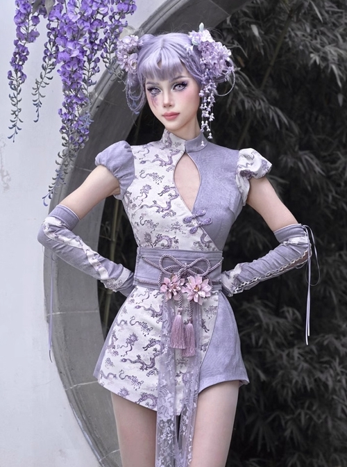 Agarwood Series Purple Dragon Jacquard New Chinese Style Kawaii Fashion Chest Hollow Sexy Cute Cheongsam Jumpsuit