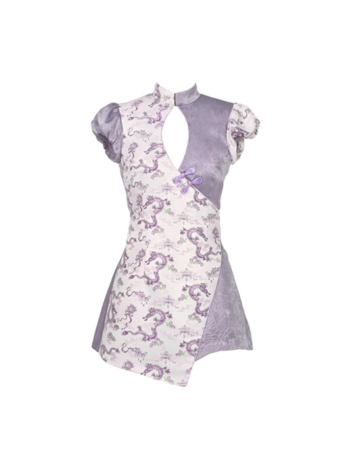 Agarwood Series Purple Dragon Jacquard New Chinese Style Kawaii Fashion Chest Hollow Sexy Cute Cheongsam Jumpsuit