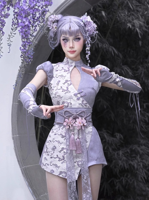 Agarwood Series Purple Dragon Jacquard New Chinese Style Kawaii Fashion Chest Hollow Sexy Cute Cheongsam Jumpsuit