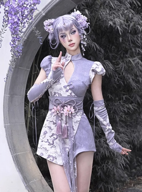 Agarwood Series Purple Dragon Jacquard New Chinese Style Kawaii Fashion Chest Hollow Sexy Cute Cheongsam Jumpsuit