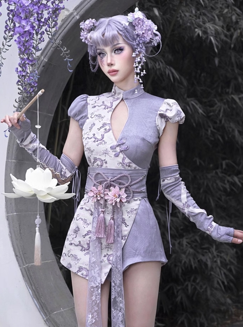 Agarwood Series Purple Dragon Jacquard New Chinese Style Kawaii Fashion Chest Hollow Sexy Cute Cheongsam Jumpsuit