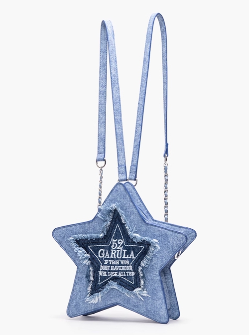 Denim Blue Five Pointed Star Shape Y2K Embroidered Letters Tassels Kawaii Fashion Shoulder Crossbody Bag