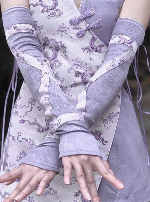 Agarwood Series Dragon Jacquard New Chinese Style Kawaii Fashion Cute Light Purple Ribbon Lace Sleeves