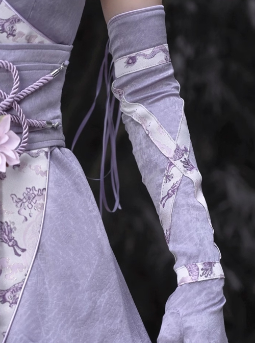 Agarwood Series Dragon Jacquard New Chinese Style Kawaii Fashion Cute Light Purple Ribbon Lace Sleeves