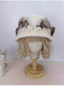 Fall Winter Soft Girl Woolen Plaid Bear Ears Bowknot Sweet Lolita Lace Ruffles Lambswool Bucket Hat