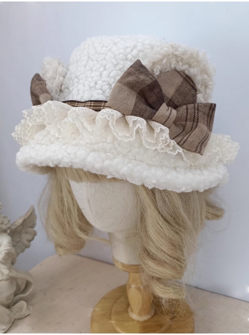 Fall Winter Soft Girl Woolen Plaid Bear Ears Bowknot Sweet Lolita Lace Ruffles Lambswool Bucket Hat