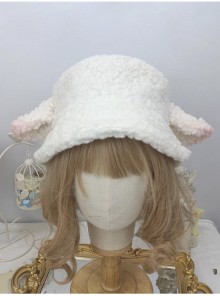 Fall Winter Soft Girl Sweet Lolita Japanese Cute Lamb Wool Thick Round Sheep Ears Bucket Hat