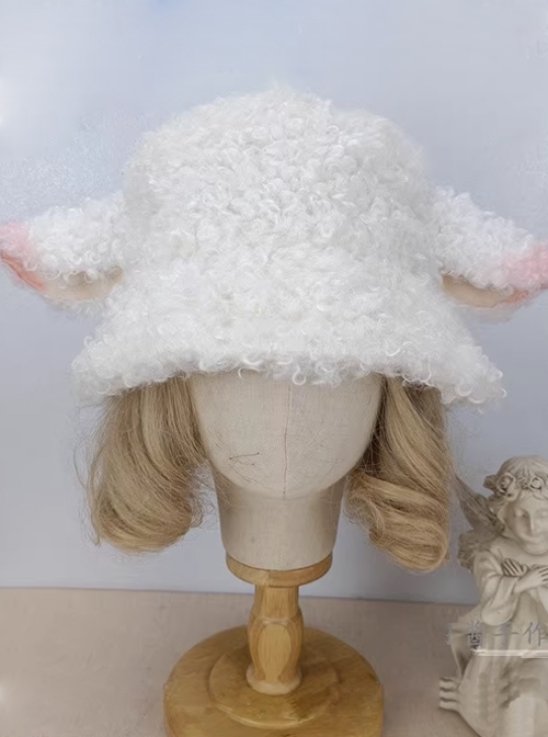 Soft Girl Cute Sweet Lolita Curly Lamb Wool Thick Sheep Ears Fall Winter Lambswool Bucket Hat