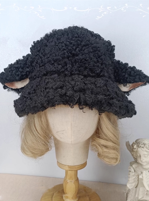 Soft Girl Cute Sweet Lolita Curly Lamb Wool Thick Sheep Ears Fall Winter Lambswool Bucket Hat