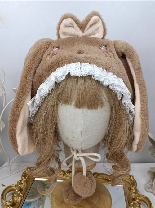 Soft Girl Cute Sweet Lolita Fall Winter Warm Lop Rabbit Lace Daily Ear Protection Hat