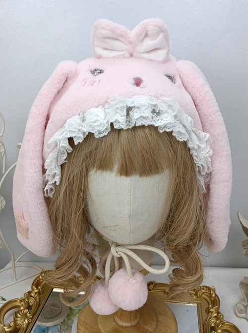 Soft Girl Cute Sweet Lolita Fall Winter Warm Lop Rabbit Lace Daily Ear Protection Hat