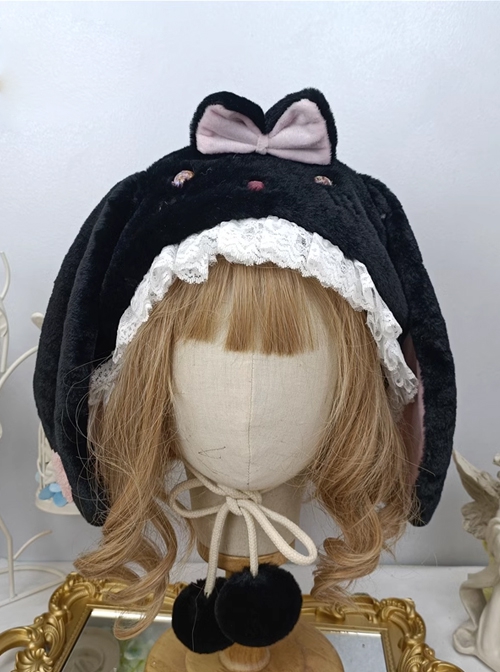 Soft Girl Cute Sweet Lolita Fall Winter Warm Lop Rabbit Lace Daily Ear Protection Hat