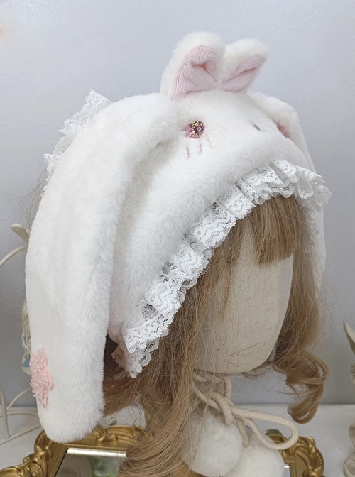 Soft Girl Cute Sweet Lolita Fall Winter Warm Lop Rabbit Lace Daily Ear Protection Hat