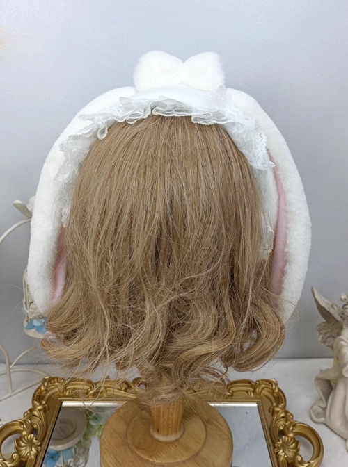 Soft Girl Cute Sweet Lolita Fall Winter Warm Lop Rabbit Lace Daily Ear Protection Hat