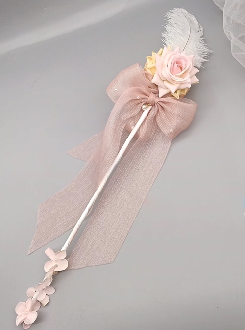 Catwalk Show Props Sweet Lolita Tea Party Rose Handmade Feather Rose Mesh Yarn Bowknot Fairy Wand