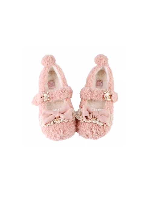 Dudu Bear Series Plush Soft Ruffles Fall Winter Bowknot Sweet Lolita Round Toe Mary Jane Shoes