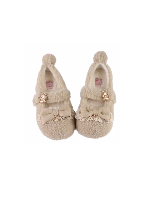 Dudu Bear Series Plush Soft Ruffles Fall Winter Bowknot Sweet Lolita Round Toe Mary Jane Shoes