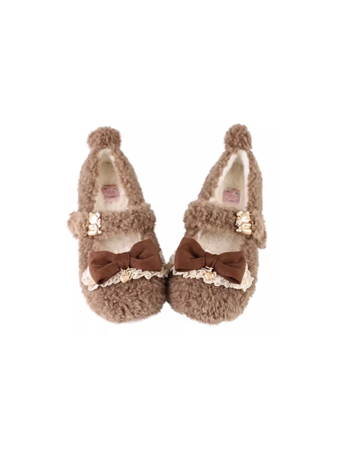 Dudu Bear Series Plush Soft Ruffles Fall Winter Bowknot Sweet Lolita Round Toe Mary Jane Shoes