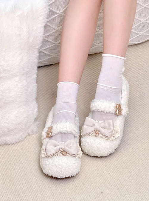 Dudu Bear Series Plush Soft Ruffles Fall Winter Bowknot Sweet Lolita Round Toe Mary Jane Shoes