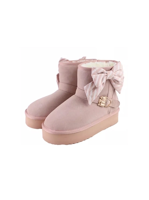 Hugging Bear Series Sweet Lolita Kawaii Cute Striped Bowknot Soft Round Toe Winter Warm Fleece Boots