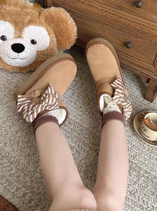 Hugging Bear Series Sweet Lolita Kawaii Cute Striped Bowknot Soft Round Toe Winter Warm Fleece Boots