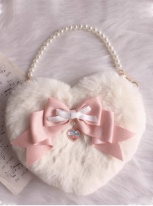 Ballet Style Soft Girl Sweet Lolita Satin Bowknot Pearl Chain White Heart Shape Plush Bag