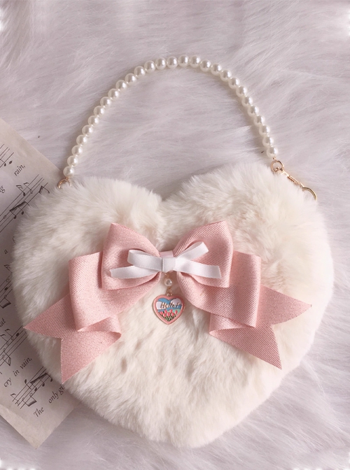 Ballet Style Soft Girl Sweet Lolita Satin Bowknot Pearl Chain White Heart Shape Plush Bag