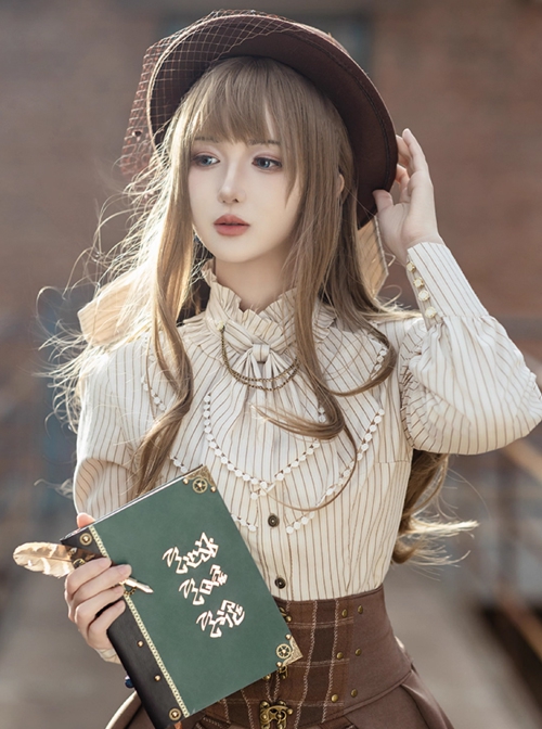 Lord Of Mysteries Fors Series Steampunk Style Apricot Stand Collar Ruffle Pinstripe Long Sleeves Shirt