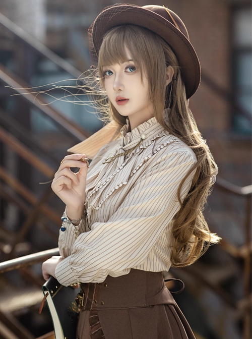 Lord Of Mysteries Fors Series Steampunk Style Apricot Stand Collar Ruffle Pinstripe Long Sleeves Shirt