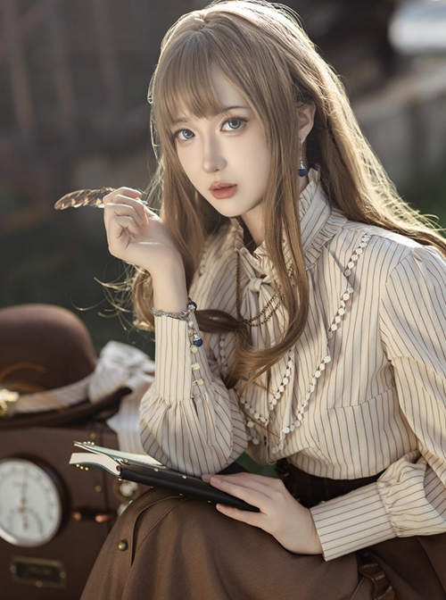 Lord Of Mysteries Fors Series Steampunk Style Apricot Stand Collar Ruffle Pinstripe Long Sleeves Shirt