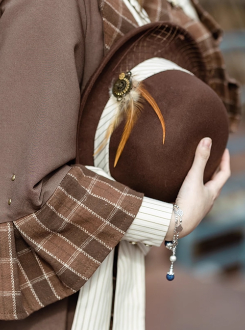 Lord Of Mysteries Fors Series Brown Steampunk Feather Gear Elements British Classic Mesh Bowler Hat