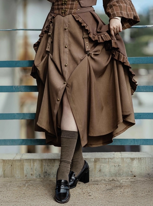 Lord Of Mysteries Fors Series Steampunk Style Elegant Brown British Rivet Midi Skirt