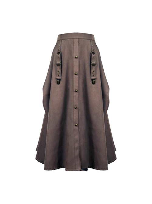 Lord Of Mysteries Fors Series Steampunk Style Elegant Brown British Rivet Midi Skirt