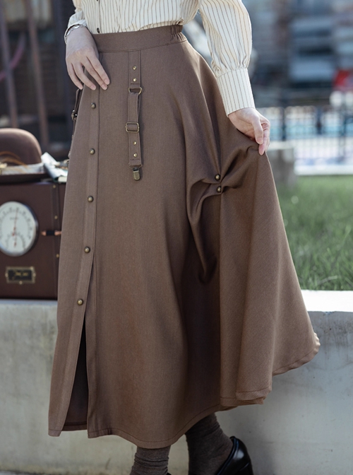 Lord Of Mysteries Fors Series Steampunk Style Elegant Brown British Rivet Midi Skirt