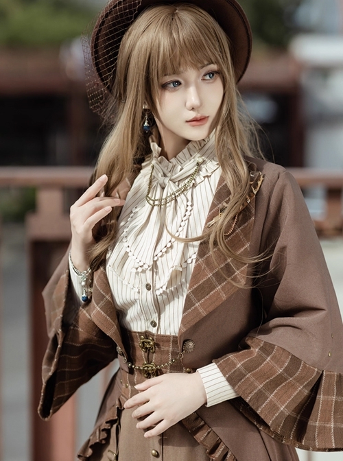 Lord Of Mysteries Fors Series Steampunk Elegant British Style Quill Brooch Brown Plaid Cardigan Short Coat