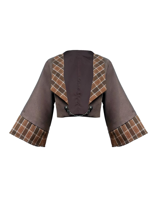 Lord Of Mysteries Fors Series Steampunk Elegant British Style Quill Brooch Brown Plaid Cardigan Short Coat