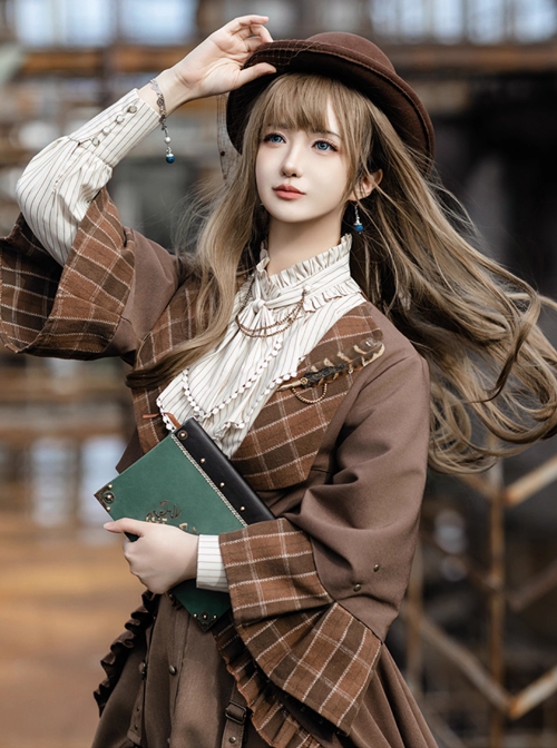 Lord Of Mysteries Fors Series Steampunk Elegant British Style Quill Brooch Brown Plaid Cardigan Short Coat