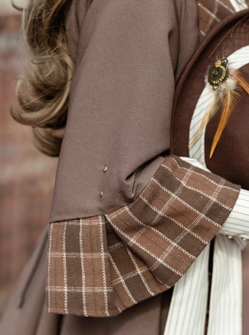 Lord Of Mysteries Fors Series Steampunk Elegant British Style Quill Brooch Brown Plaid Cardigan Short Coat