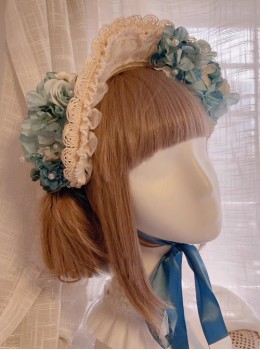 Handmade Cyan Blue Artificial Flowers Classic Lolita Elegant Lace Pearl Sun Hat Bonnet