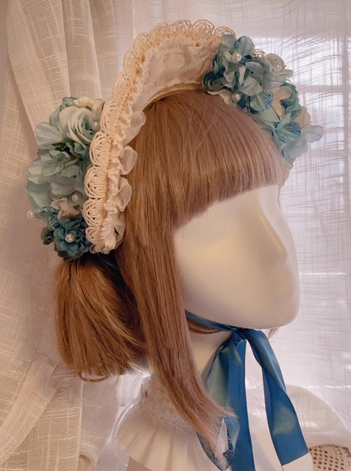 Handmade Cyan Blue Artificial Flowers Classic Lolita Elegant Lace Pearl Sun Hat Bonnet