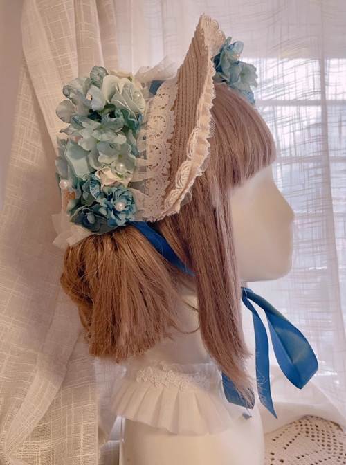 Handmade Cyan Blue Artificial Flowers Classic Lolita Elegant Lace Pearl Sun Hat Bonnet