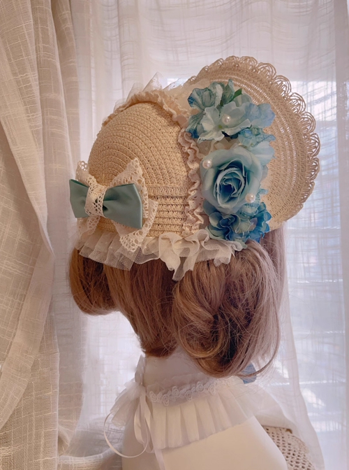 Handmade Cyan Blue Artificial Flowers Classic Lolita Elegant Lace Pearl Sun Hat Bonnet