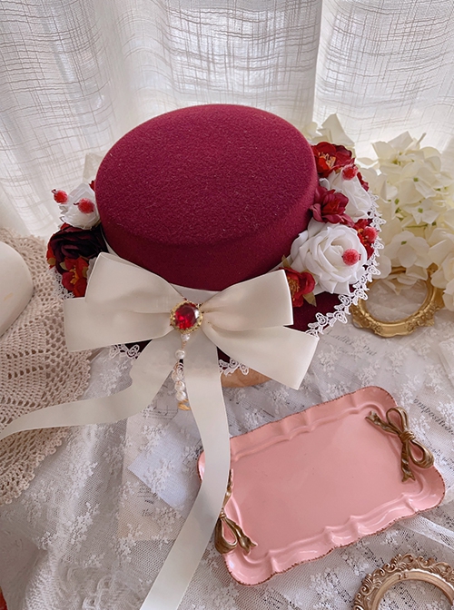 Christmas Concerto Series Classic Lolita 3D Rose Elegant Handmade Woolen Bowler Hat