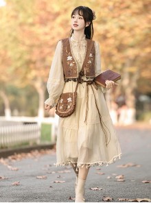 Windy Desert Series Chinese Style Kawaii Fashion Improved Han Elements Embroidered Vest National Long Sleeve Dress