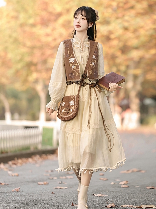 Windy Desert Series Chinese Style Kawaii Fashion Improved Han Elements Embroidered Vest National Long Sleeve Dress