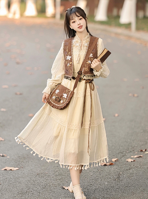 Windy Desert Series Chinese Style Kawaii Fashion Improved Han Elements Embroidered Vest National Long Sleeve Dress